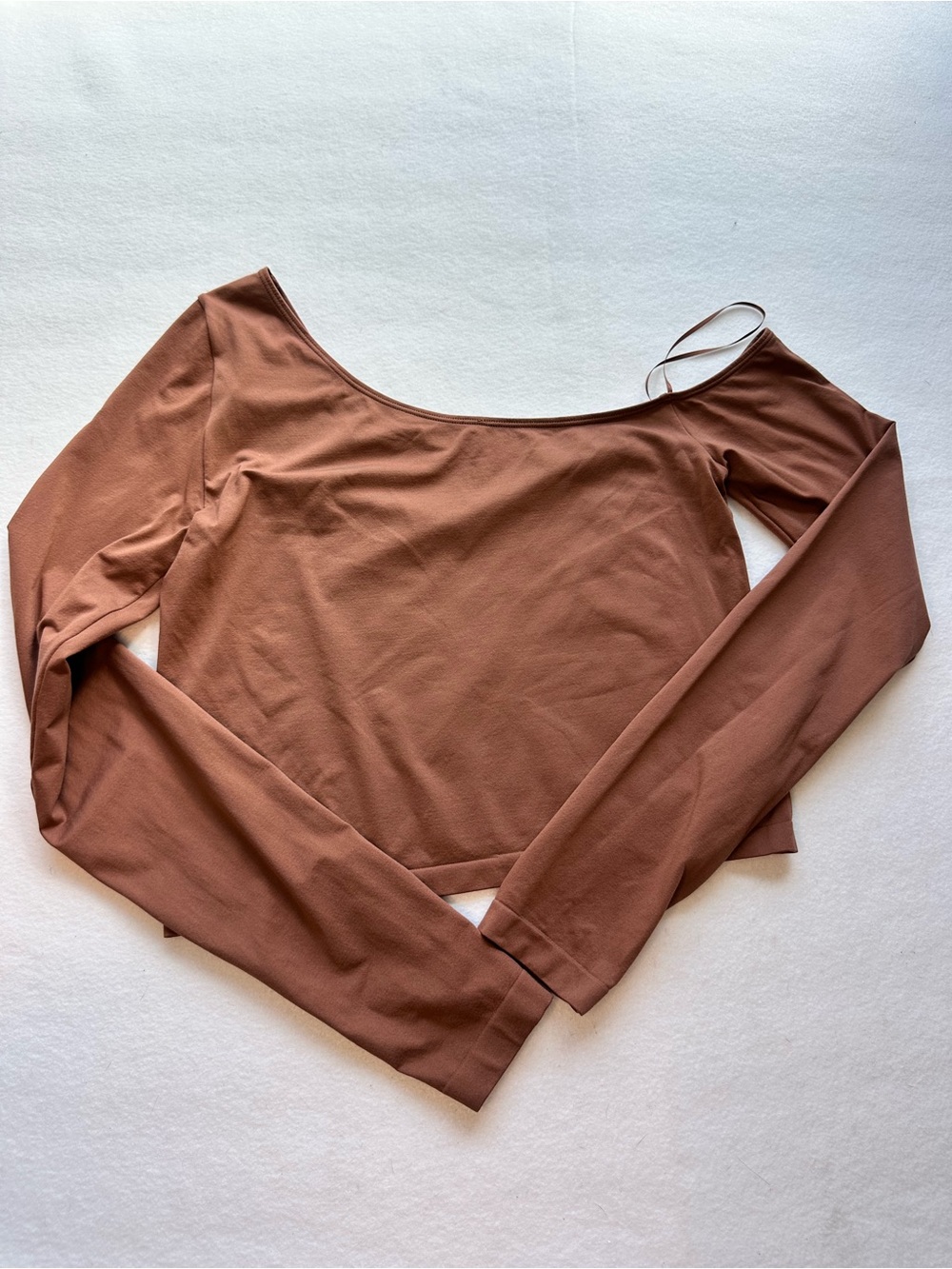 Alo Yoga Asymmetric Sheer Glow Long Sleeve Chestnut Brown Crop Top